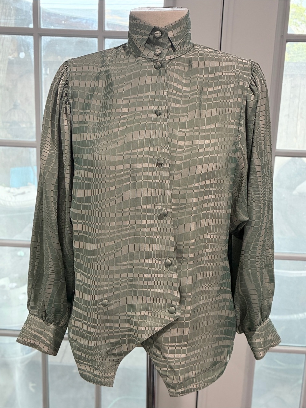 VTG Jac Dale SZ 6/36 Medium Mint Green Blouse Hong Kong Dolman Geometric 1980’s
